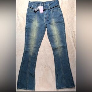 NWT PrettyLittleThing Indigo Vintage Y2K belted seam front flare Jeans grunge